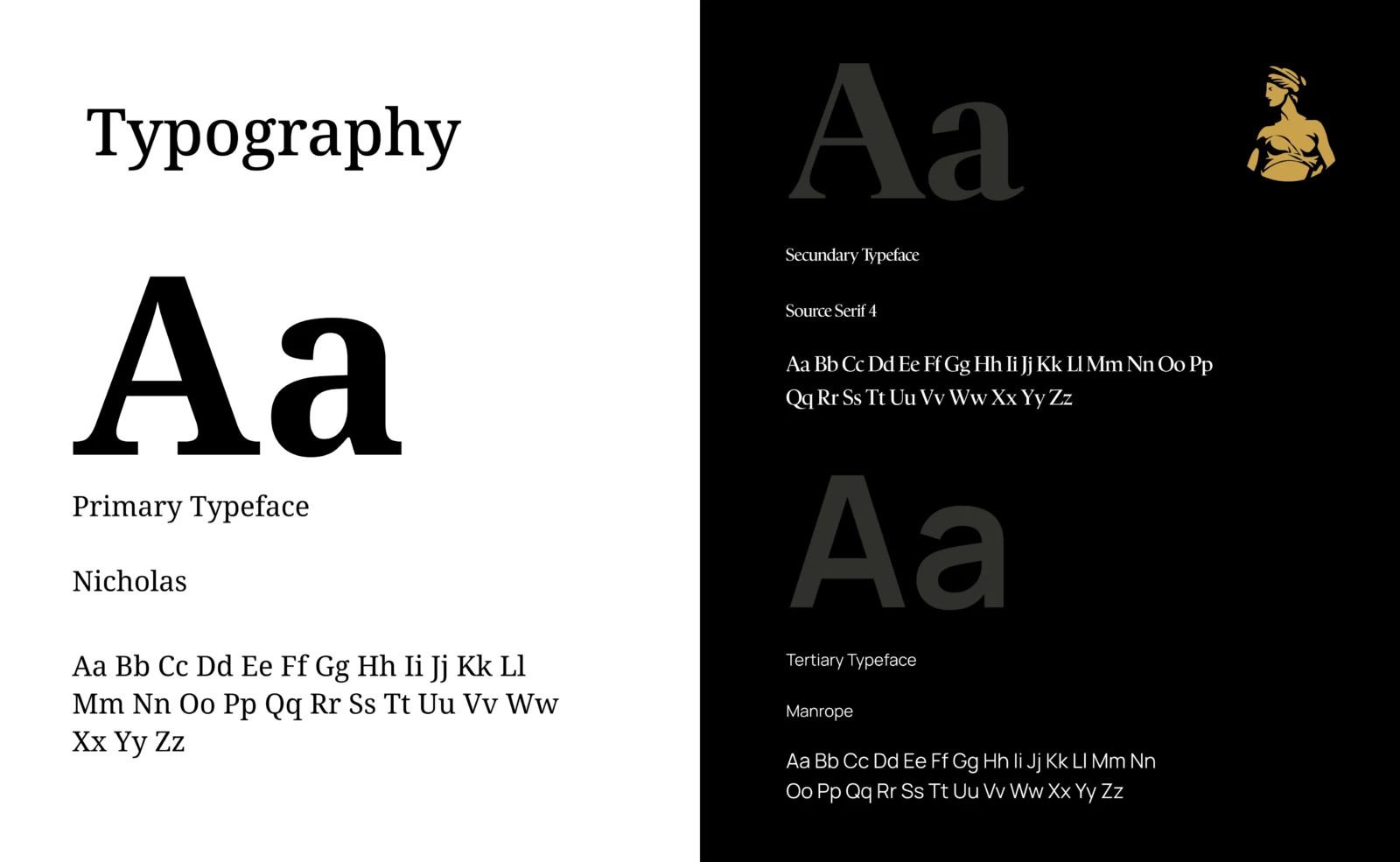 Nicholas, Source Serif 4 y Manrope.